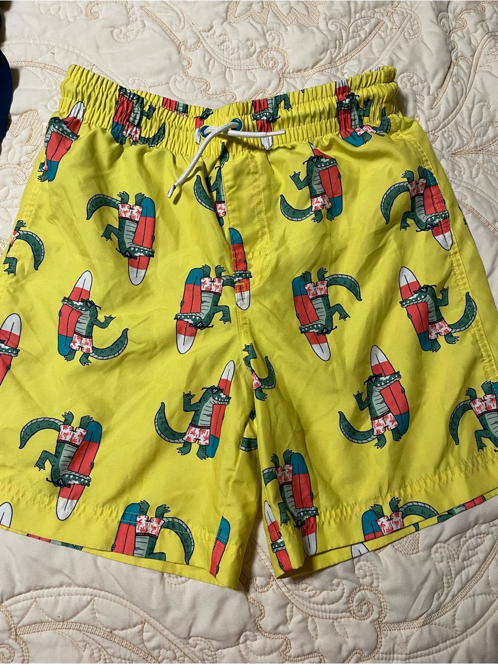 Old Navy Boys Yellow Swim Trunks with Green & Red Surfing Alligator Print